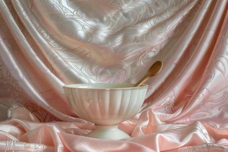 Stylish white ceramic bowl and wooden spoon on soft peach and pink fabric backdropの素材