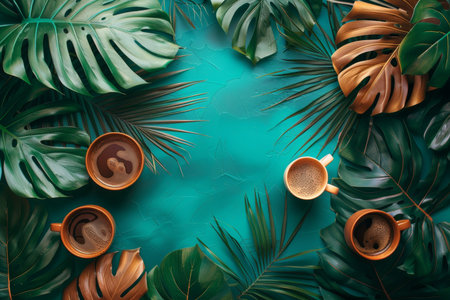 Stylish peach workspace with tropical plants and an organized planner for creative inspirationの素材