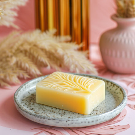 Elegant white ceramic vase accompanied by a bright yellow soap bar on a soft pink surfaceの素材