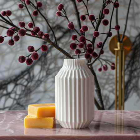 Stylish white ceramic vase and vibrant yellow soap bar on a soft pink backgroundの素材