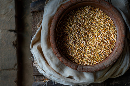 Charming rustic still life with organic raw grains in an earthy clay bowl displayの素材