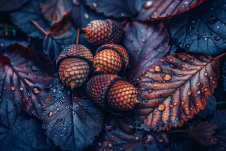 Vibrant purple leaves and reddish brown acorns highlighting the beauty of autumn s contrastの素材