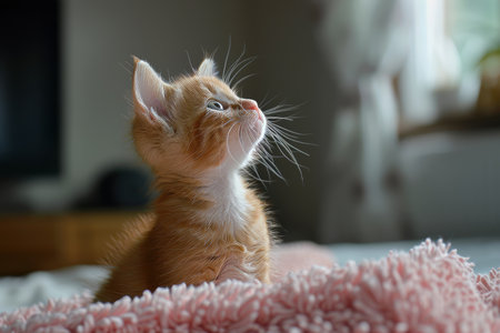 Charming illustration of a white and orange kitten with detailed fur on a soft pink backgroundの素材