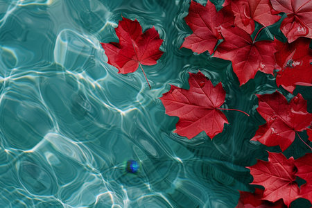 Graceful red maple leaves floating on serene teal water surface in a tranquil settingの素材