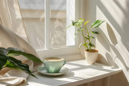 Stylish mockup presentation featuring green coffee mug with plant on soft beige backgroundの素材