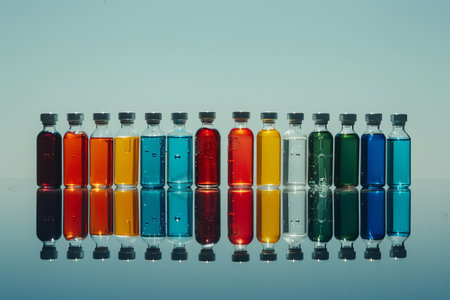 Vibrant serum ampoules aligned on a shiny surface for a captivating display of colorsの素材