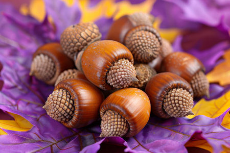 Reddish brown acorns on bright purple leaves highlighting the stunning contrast of autumnの素材