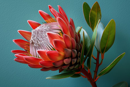 Vibrant red protea flower featuring spiky petals set against a striking teal background for contrastの素材
