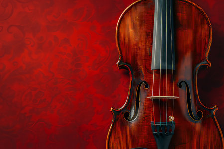 Elegant vertical violin displayed against a luxurious burgundy background in front viewの素材