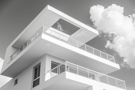 Elegant White Modern Villa with Balcony and Scenic Sky, Showcasing Contemporary Architectural Designの素材