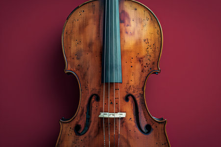 Close up of a vertical violin against a luxurious burgundy background in frontal viewの素材