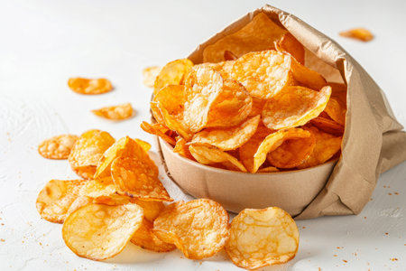 Crispy golden chips served in paper bag and bowl against a clean white backgroundの素材