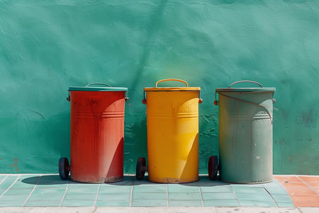 Colorful recycling bins against a teal wall promoting eco friendly practices and sustainabilityの素材