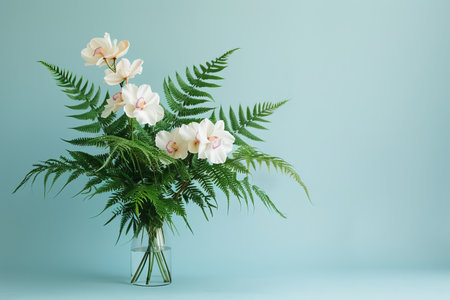 Elegant white orchids with pink centers amid lush tropical ferns against a serene blue backgroundの素材
