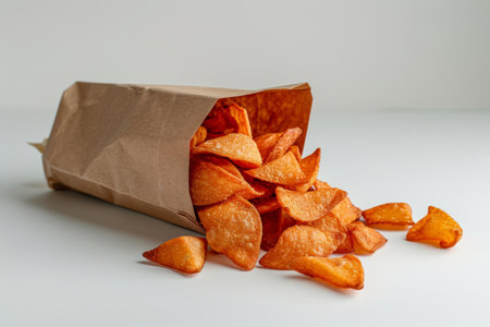 Delicious crispy golden chips served in a stylish paper bag and bowl on a clean white backdropの素材