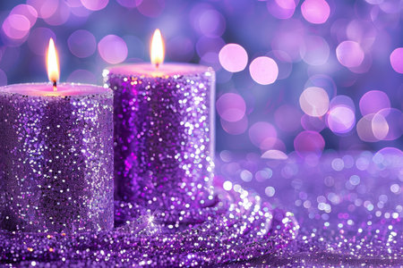 Elegant purple candles on rustic wooden table creating a warm and inviting atmosphereの素材