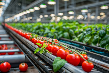 Lively red tomatoes flourishing in a modern indoor hydroponic garden surrounded by rich greeneryの素材