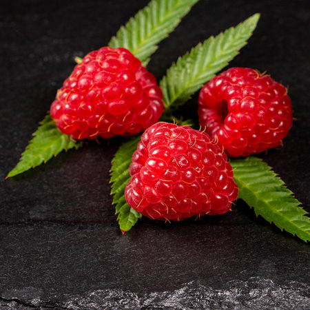 This close-up image features three bright raspberry berries resting on a textured black stone...