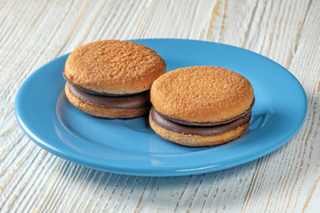 This close-up image showcases a delightful arrangement of freshly baked chocolate cookies on a pristine blue plate. The rich chocolate and soft texture evoke a sense of indulgence.の写真素材