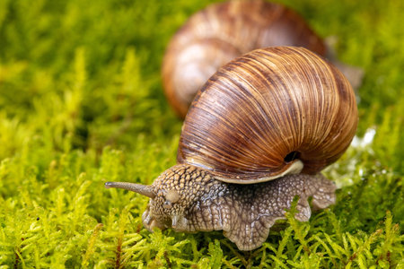 Macro shots of a grape snail captured from multiple angles on a mossy surface. The detail in the snail's shell and the vibrant moss provide a striking natural composition.の写真素材