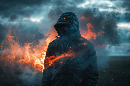 Mysterious Hooded Figure Defiantly Stands Against Fiery Inferno and Stormy Skies, Embodying Natureの素材