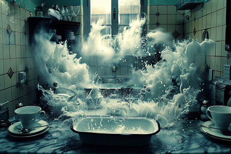Dramatic Kitchen Chaos Water Explosion with Flying Cups and Accessories Against a Tile Wallの素材