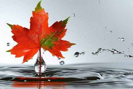 Serene Autumn Landscape Featuring a Brilliant Red Maple Leaf Floating on Calm Water Surfacesの素材