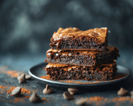 Gorgeous chocolate fudge brownies drizzled with sauce on a matte plate against a dark backgroundの素材
