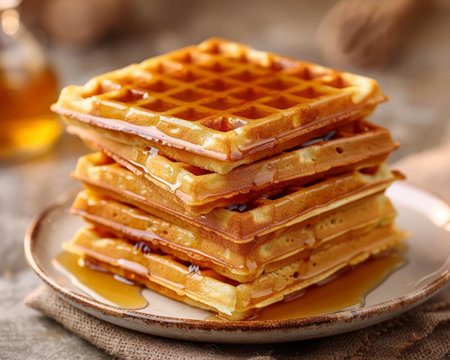 Cinematic delight beautiful stroopwafels drizzled with maple syrup on a white plateの素材