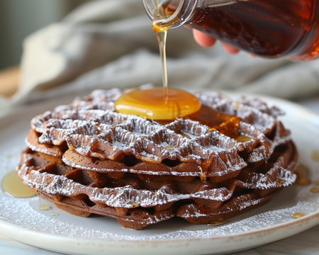 Delicious stroopwafels drizzled with maple syrup on a white plate a cinematic culinary delightの素材