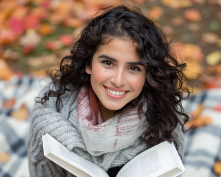 Joyful young woman reading a book in a beautiful autumn park surrounded by colorful leavesの素材