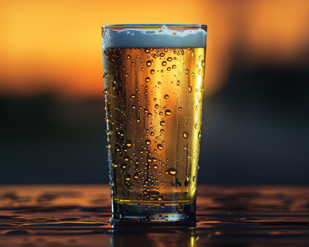 Refreshing chilled beer in a glass with condensation on wooden table and glowing orange backdropの素材