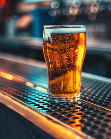 Golden beer glass on bar counter surrounded by orange bokeh creating a cozy atmosphereの素材
