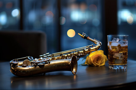 Cinematic still life saxophone, yellow rose, and whiskey on dark wood with vintage aestheticの素材