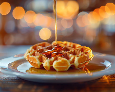 Exquisite stroopwafels drizzled with maple syrup on a white plate a cinematic culinary experienceの素材