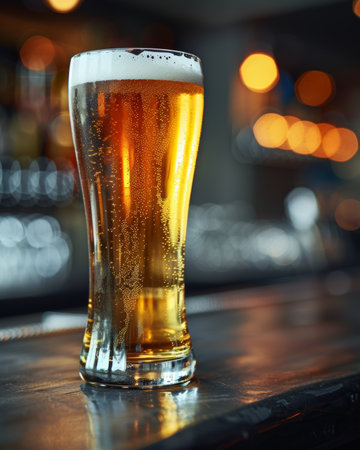 Golden beer glass on bar counter with orange bokeh background for a cozy atmosphereの素材