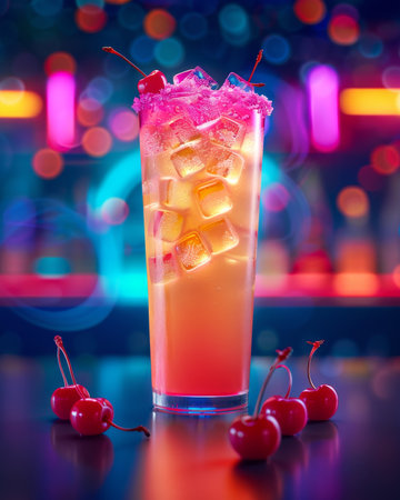 Refreshing cherry cocktail with ice set on bar counter against a dark blue glowing backgroundの素材