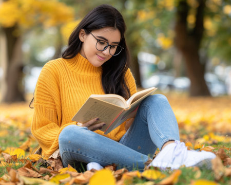 Joyful young woman student delighting in a book amidst a beautiful autumn park landscapeの素材