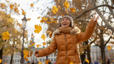 Joyful asian woman happily throws colorful autumn leaves in a vibrant city park settingの素材