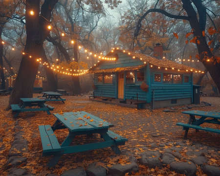 Charming autumn jazz vibes in a cozy outdoor cafe, surrounded by colorful falling leaves and warmthの素材