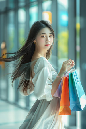 Stylish young woman in silk dress navigating bustling street with shopping bags and windblown hairの素材