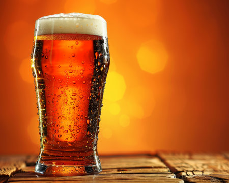 Refreshing chilled beer in a glass with condensation on a wooden table and glowing orange backdropの素材