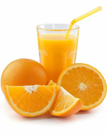 Refreshing glass of orange juice with straw and fresh orange slices on a white backgroundの素材