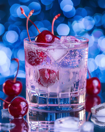 Chilled cherry cocktail with ice on bar counter against dark blue glowing backdropの素材