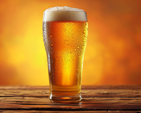 Chilled beer glass with condensation on wooden table surrounded by a warm orange glowの素材