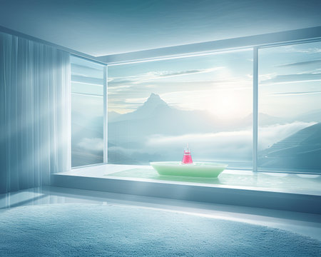 Tranquil Bathroom Oasis with Stunning Mountain View, Luxurious Spa Features, and Minimalist Designの素材