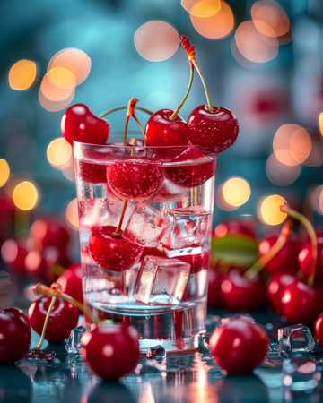 Refreshing cherry cocktail served on a bar counter with a stylish dark blue glowing backdropの素材