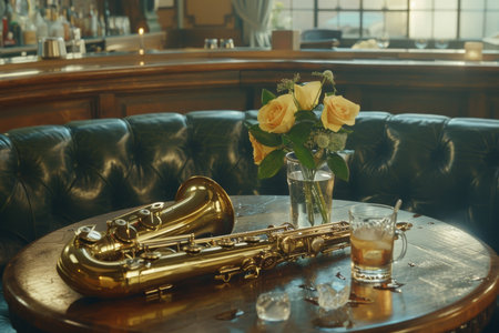 Cinematic still life featuring a saxophone, yellow rose, and whiskey on dark wood with vintage charmの素材