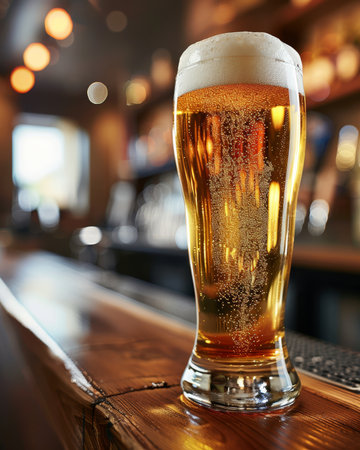 Golden beer glass on bar counter with orange bokeh background for a warm, inviting atmosphereの素材