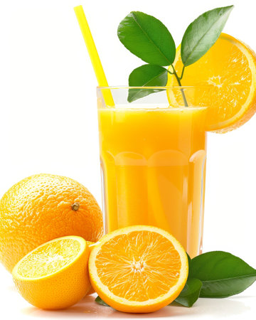 Refreshing orange juice in a glass with straw and fresh orange slices on a white surfaceの素材
